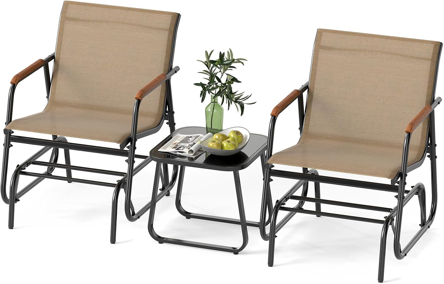Tangkula 3 Piece Patio Bistro Glider Set, 2 Rocking Chairs w/Tempered Glass Side Table, Patio Furniture Set w/Smooth Rocking Motion, Outdoor Glider Chair Set for Porch, Yard, Balcony