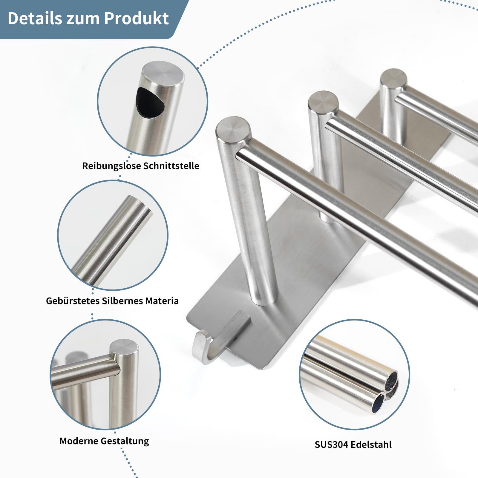 Vista Toallero autoadhesivo 3 barras 60 cm SUS304 acero inoxidable | Toallero sin taladrar plata con dos ganchos toallero para cocina, baño, dormitorio