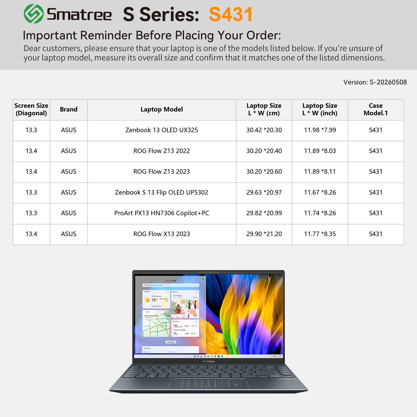 Smatree SlimPro - Funda para portátil ASUS Zenbook 13 OLED UX325 de 13.3 pulgadas, con bolsillo para accesorios de acceso rápido, diseño patentado de superesquinas (S431)