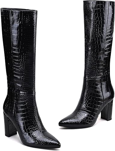 Miniatura 5 de Modatope Botas altas de equitación para mujer hasta la rodilla, altas y largas, botas de cocodrilo de imitación GoGo, tacón de bloque, punta