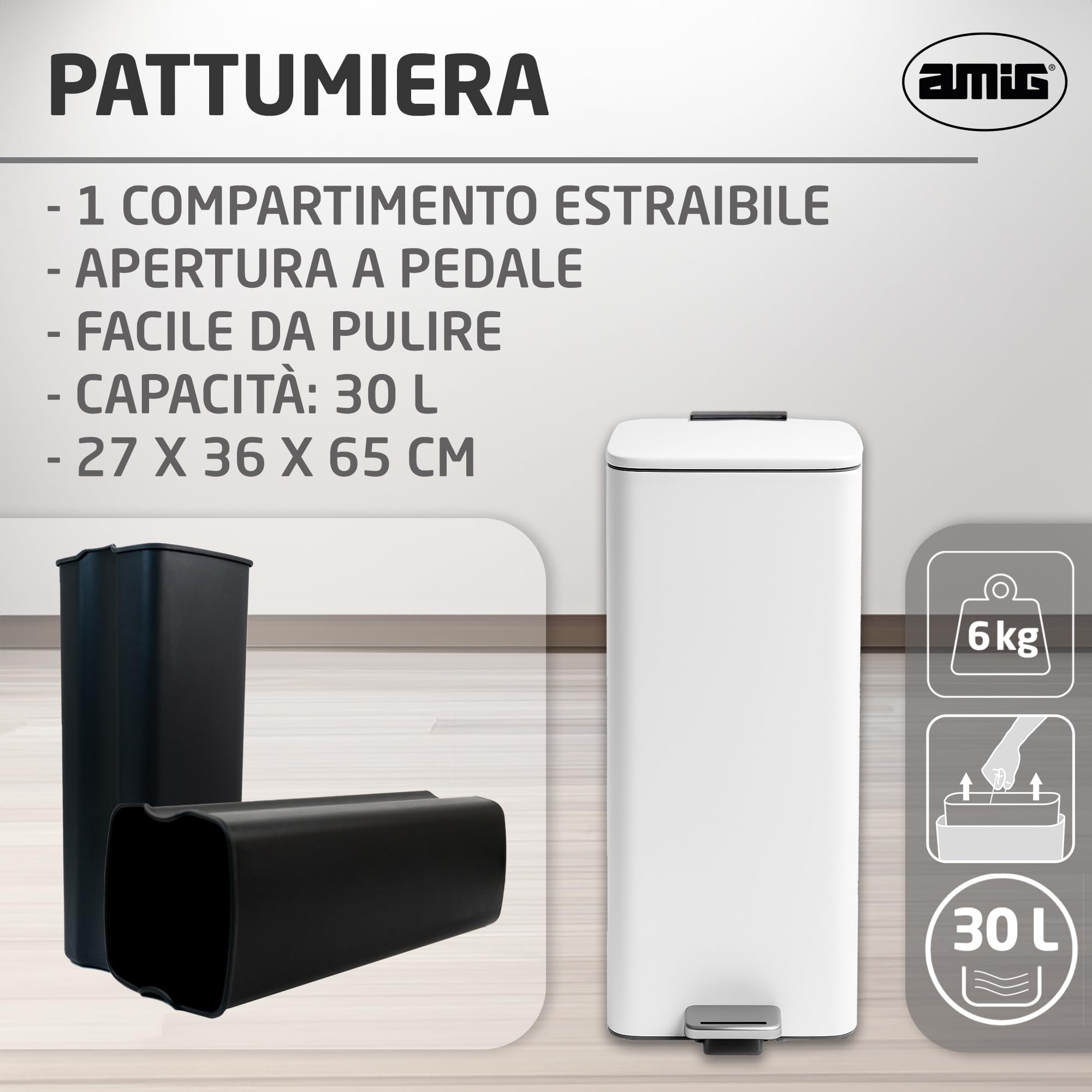 Amig - Pattumiera con pedale 30 litri Mod. Artvin - Colore bianco - Apertura igienica senza mani - 27 x 36 x 65 cm - Acciaio inox laccato - Cestino da cucina con coperchio ermetico