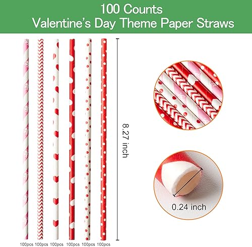 Miniatura 2 de Paquete de 100 pajitas de papel de San Valentín, 0.24 x 8.27 pulgadas, pajitas de papel rojo de corazón blanco para San Valentín, boda, fiesta,