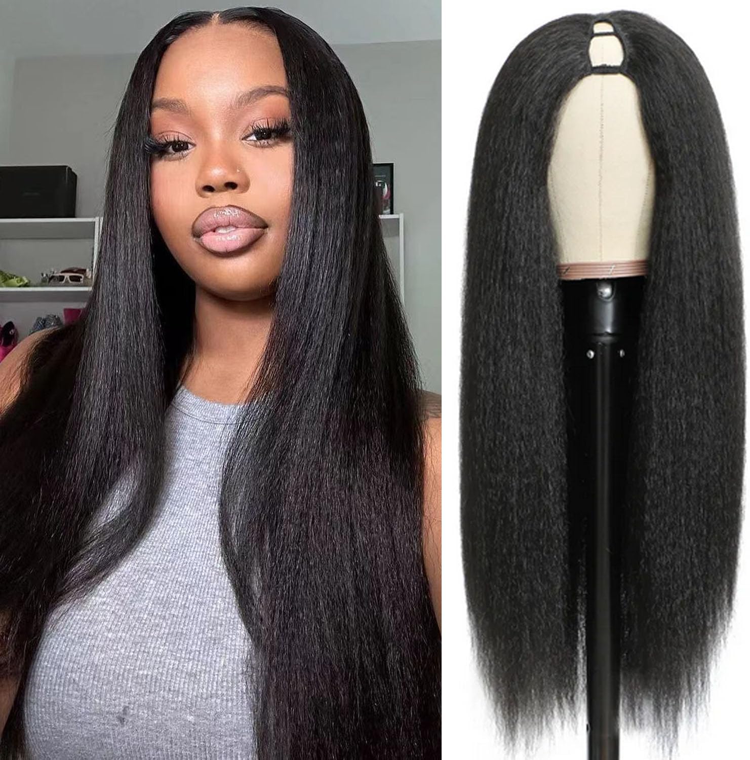 V Part Wig Human Hair Kinky Straight Wig Half Wigs for Black Women Wear and Go Glueless Wig Human Hair Wig 12A Virgin Hair U Part Human Hair Wig Straight Wigs Human Hair Wigs V Part Wig (14inch)