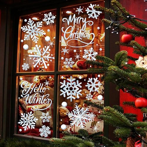 Miniatura 6 de YUJUN 8 hojas de calcomanías de ventana de copos de nieve de invierno, pintura al óleo azul de Navidad, copos de nieve, calcomanías para ventana de