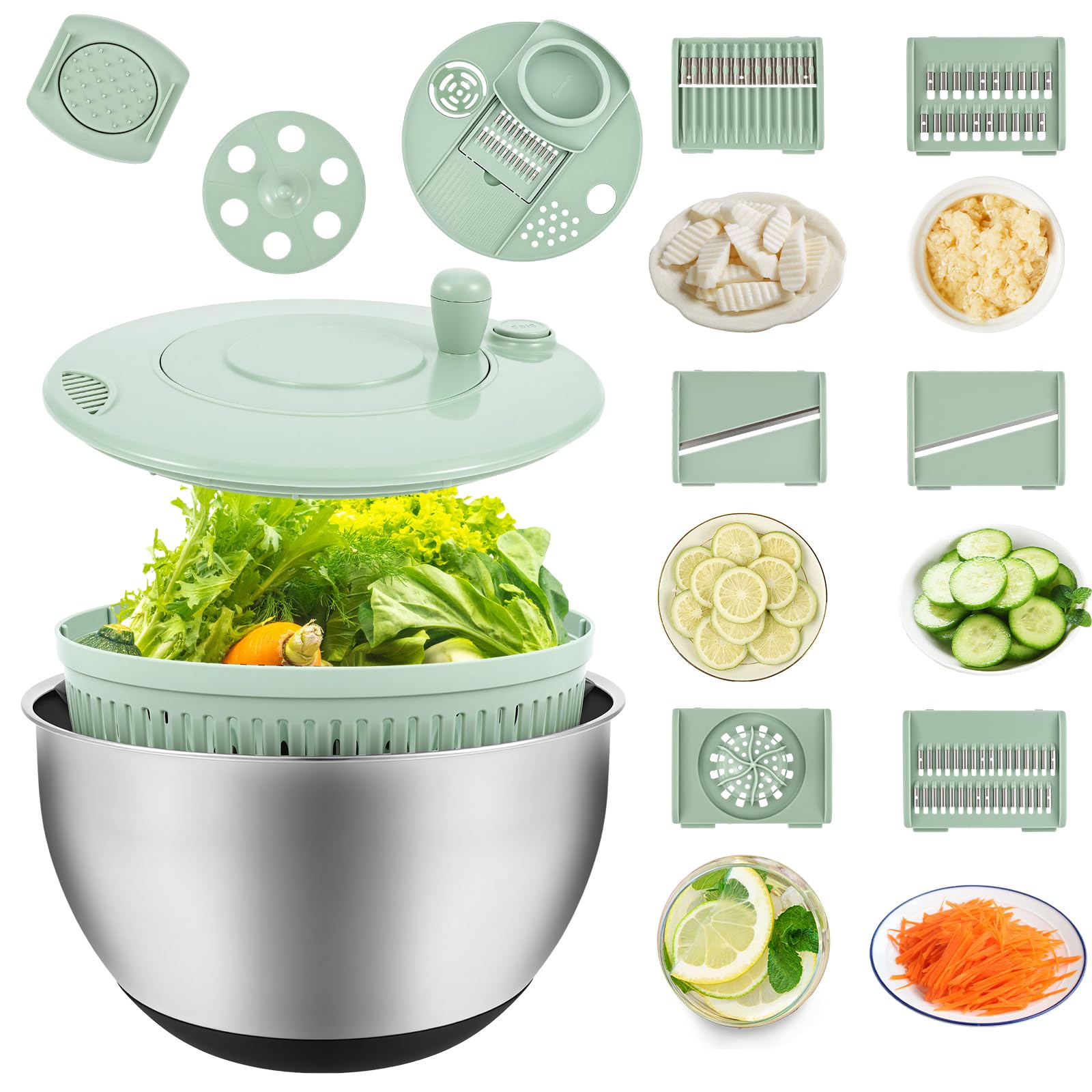 Stainless Steel Salad Spinner,6 Qt Lettuce Spinner Dryer Bowl with Slicer Shredder, 4-in-1 Multi-Functional for Efficient Food Washing,Drying and Spinning,Including Thickened Non-Slip Silicone Base