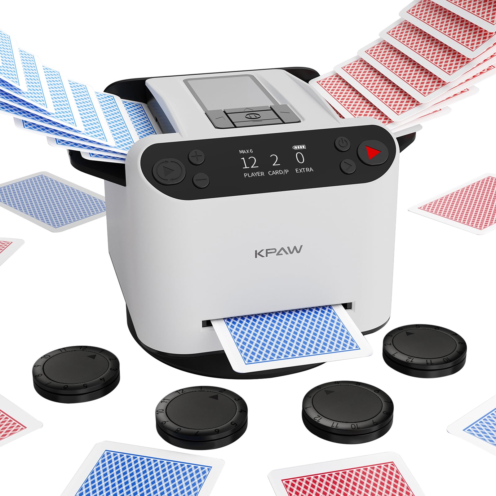 Automatic Card Shuffler and Dealer - 1-2 Decks Support 12 Players, 4 Drawing Remotes, Auto Post-Shuffle Deal, Consecutive/Random Dealing, for Poker, Blackjack, UNO, Phase 10, Five Crowns (White)