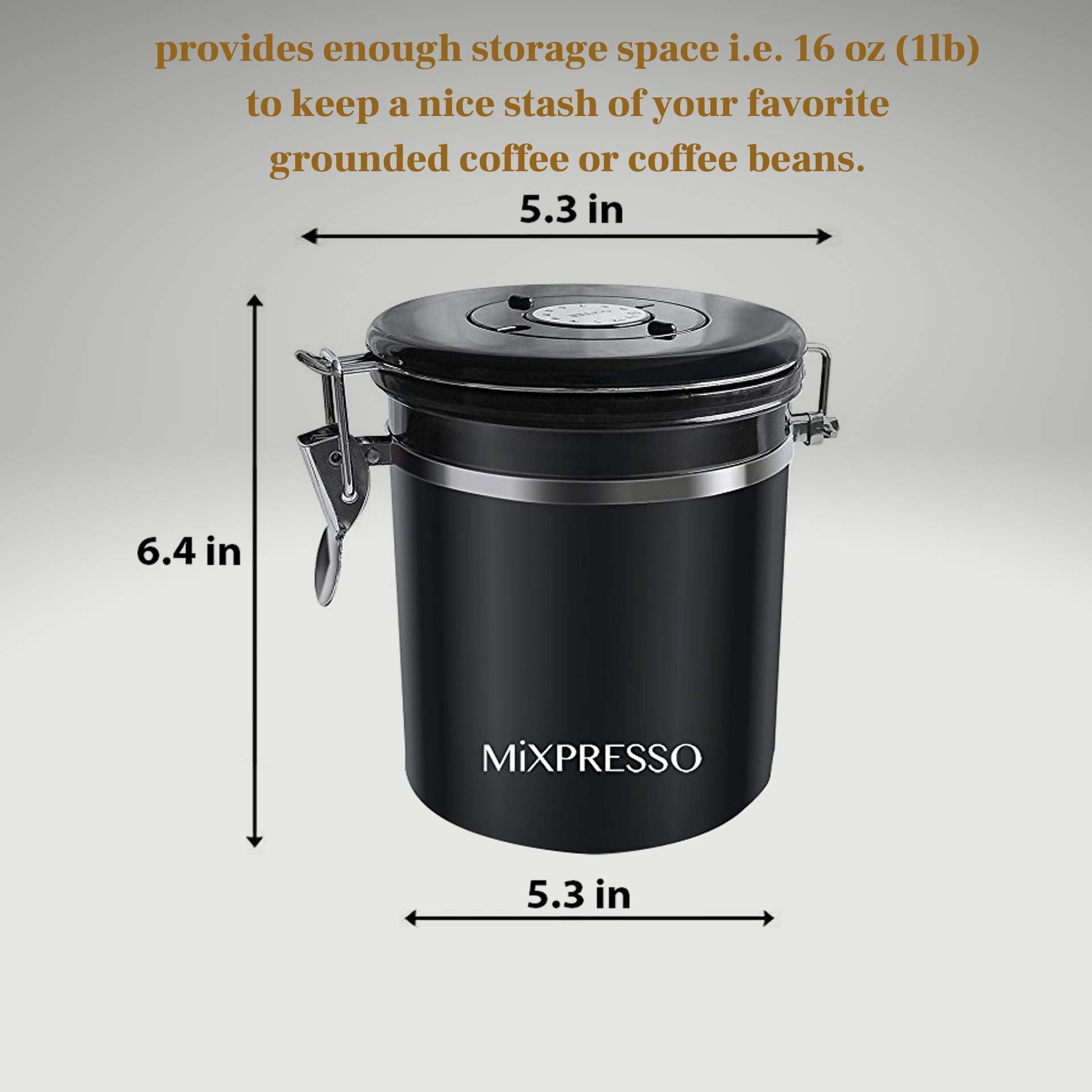 Mixpresso Black Stainless Steel Airtight Coffee Container with Date