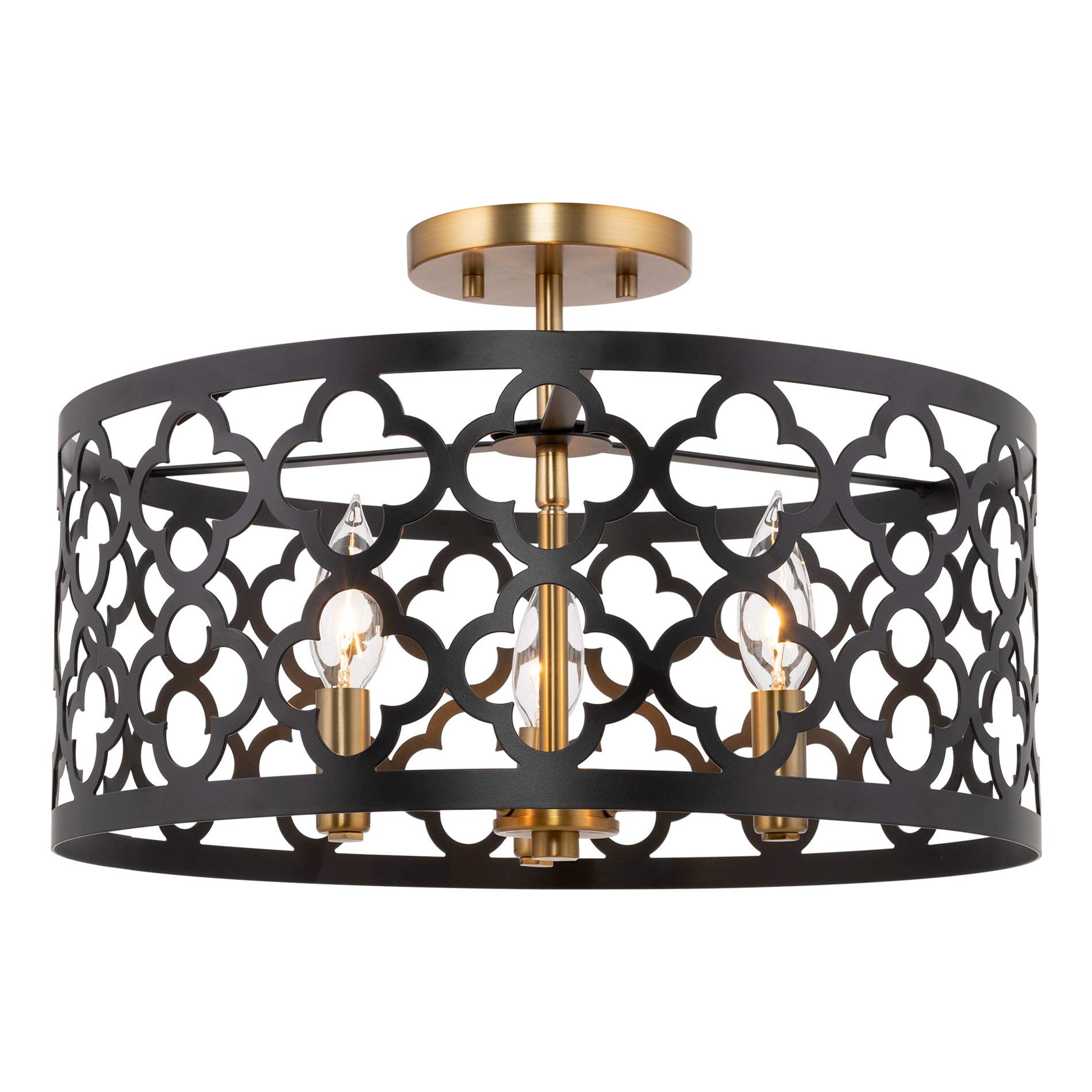 Kira Home Sutton – Lámpara de techo semiempotrada moderna de 16 pulgadas, 3 luces, pantalla de tambor de metal, latón cálido + aca