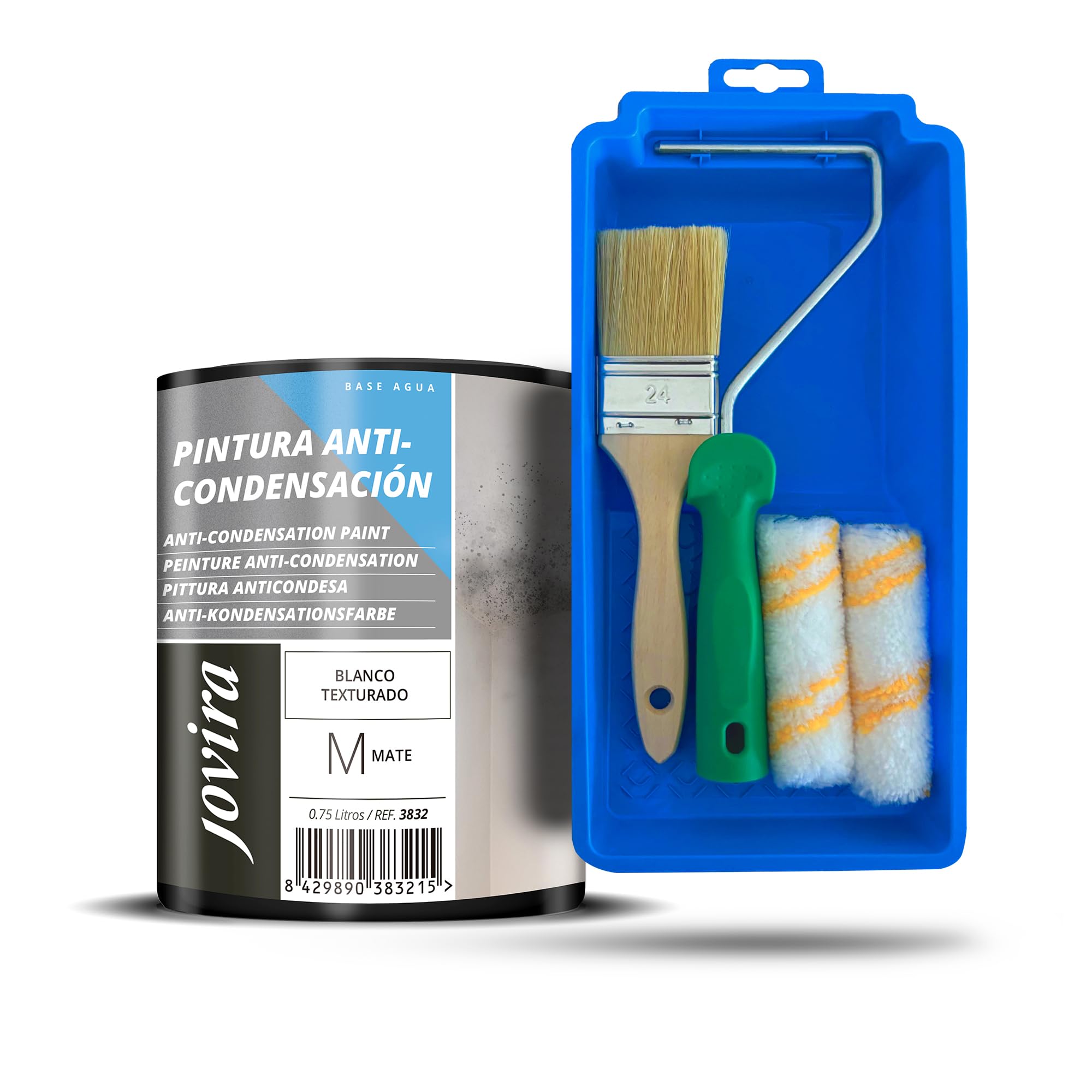 JOVIRA PINTURAS Pintura Anticondensación, Antihumedad antimoho exterior-interior + Minicubeta, 2 Mini Rodillos Antigota, Varilla y Paletina (750 Mililitros, Pintura + Minikit Paredes) C-6-K