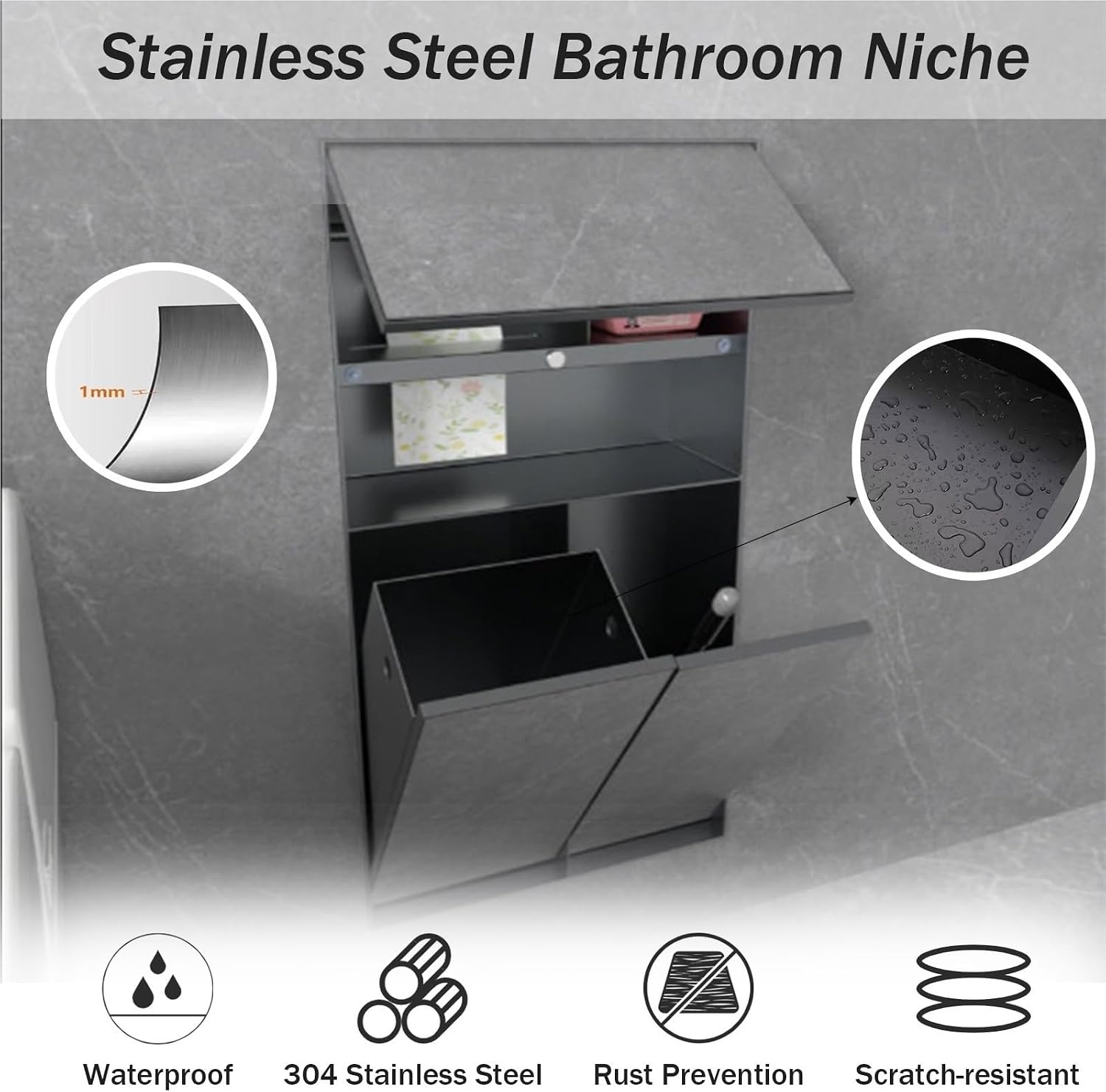 304 Stainless Steel Shower Trash Can with Toilet Paper Holder, Wall-Mounted, Ideal for Home & Commercial Use, Trash Can Shelf Included (White, L-297mm/11.7in)