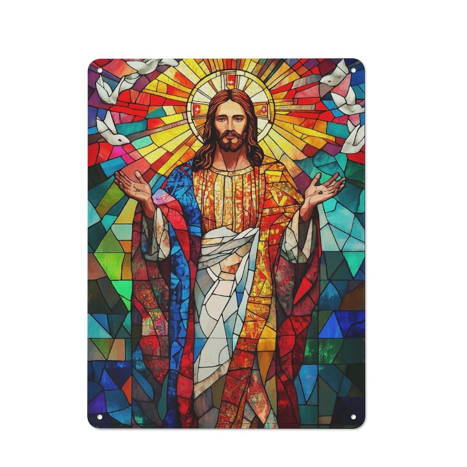 Junmoney Stained Glass Jesus Rustic Metal Wall Sign 40X30cm For Kitchen Or Home Bar, For Garage, Workshop And Man Cave Decoration