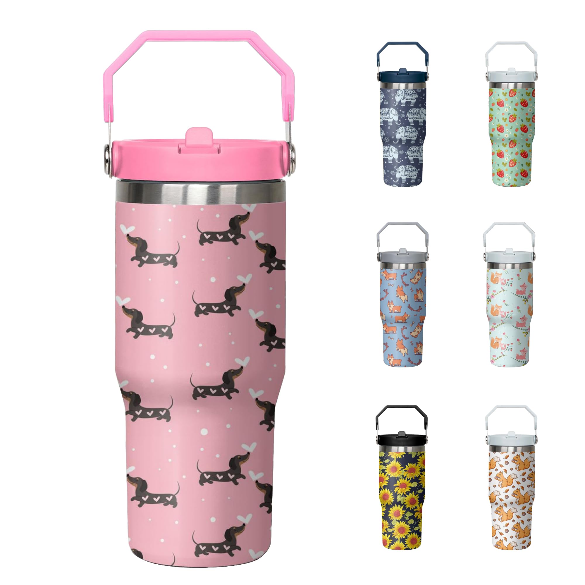 30oz Dachshund Tumbler with Handle and Flip Straw, Stainless Steel Insulated Cup, Travel Coffee Mug Water Bottle, Birthday Mothers Day Chritmas Gifts for Women Animal Lovers