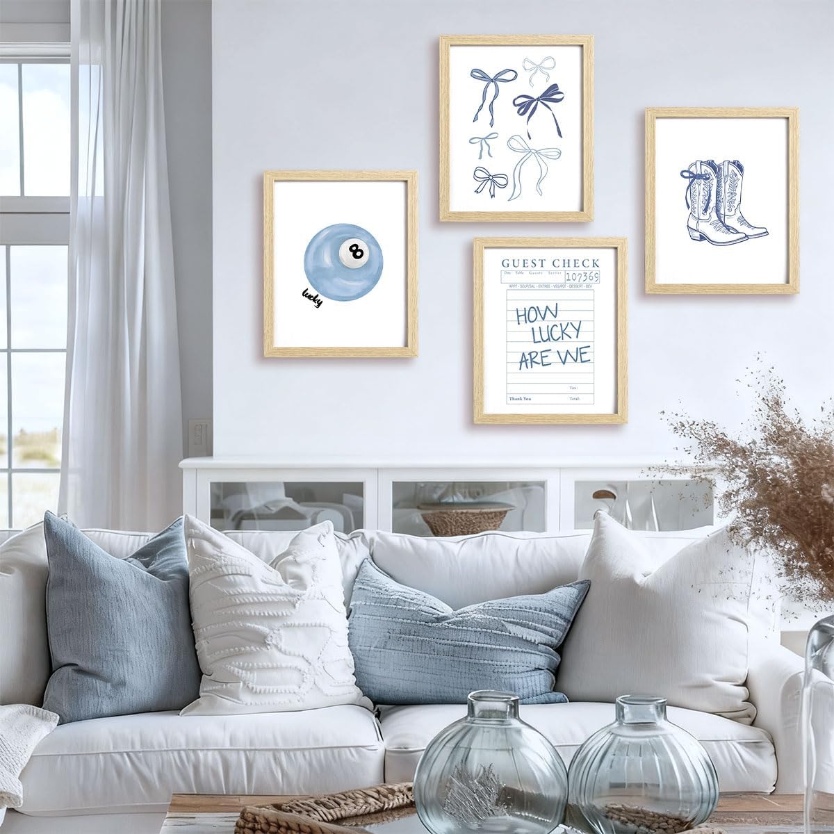 XYDEG Light Blue Coastal Cowgirl 8x10 Framed Posters,Coquette Blue Bow Room Decor, Preppy Coastal Granddaughter Wall Art Prints for College Dorm, Girls Room, Bathroom Bedroom Aesthetic Room Decor,Set of 4