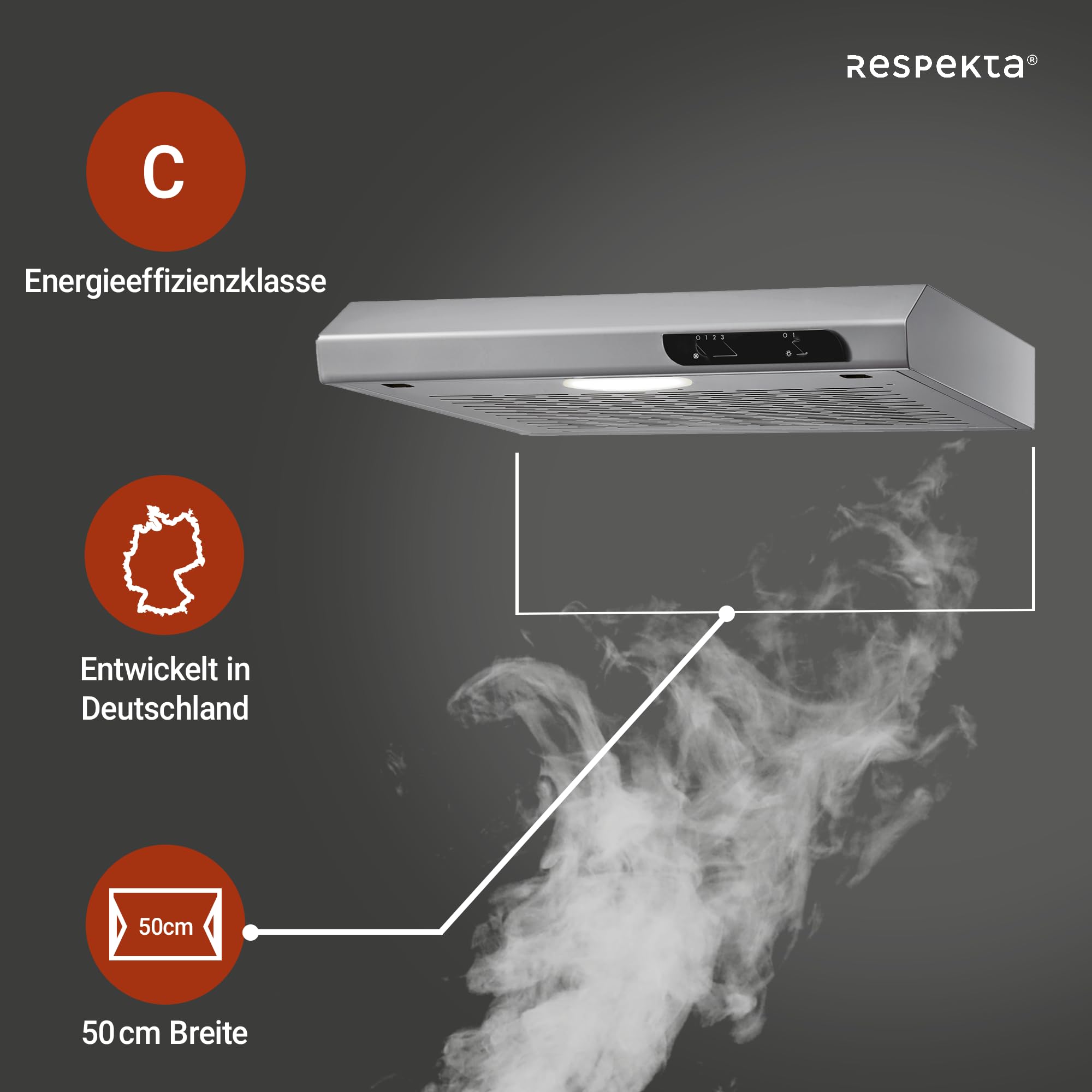 Respekta Okap kuchenny podszafkowy/Okap podszafkowy 50 cm/Metalowa obudowa o wyglądzie stali nierdzewnej/Funkcja wywiewu i recyrkulacji / DH540IXL / C / 52–68 dB