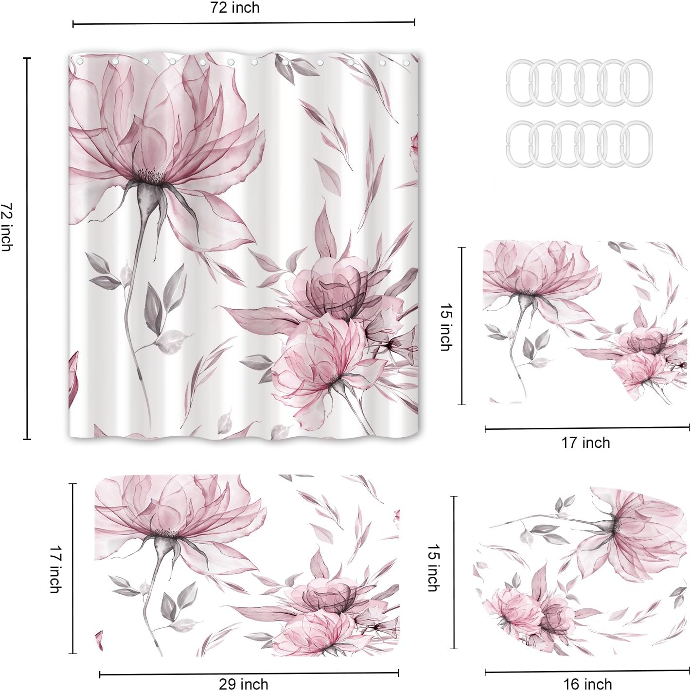 4PCS Pink Grey Watercolor Floral Shower Curtain Set with Rugs, Toilet Lid Cover and Bath Mat, Botanical Flower Fabric Bathroom Accessory Sets Decor, Waterproof 72x72 Curtain with 12 Hooks