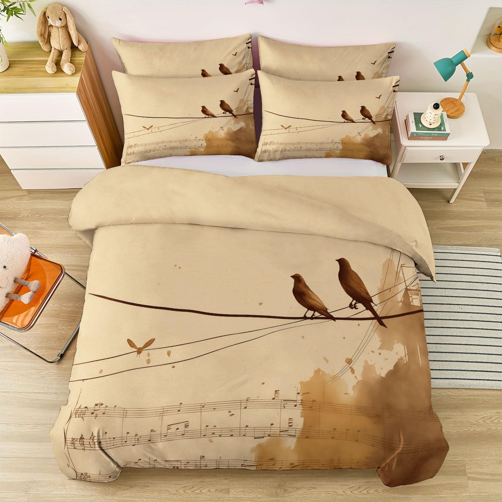 Housse de couette zippée lit 1 personne au style vintage avec ses animaux et oiseaux