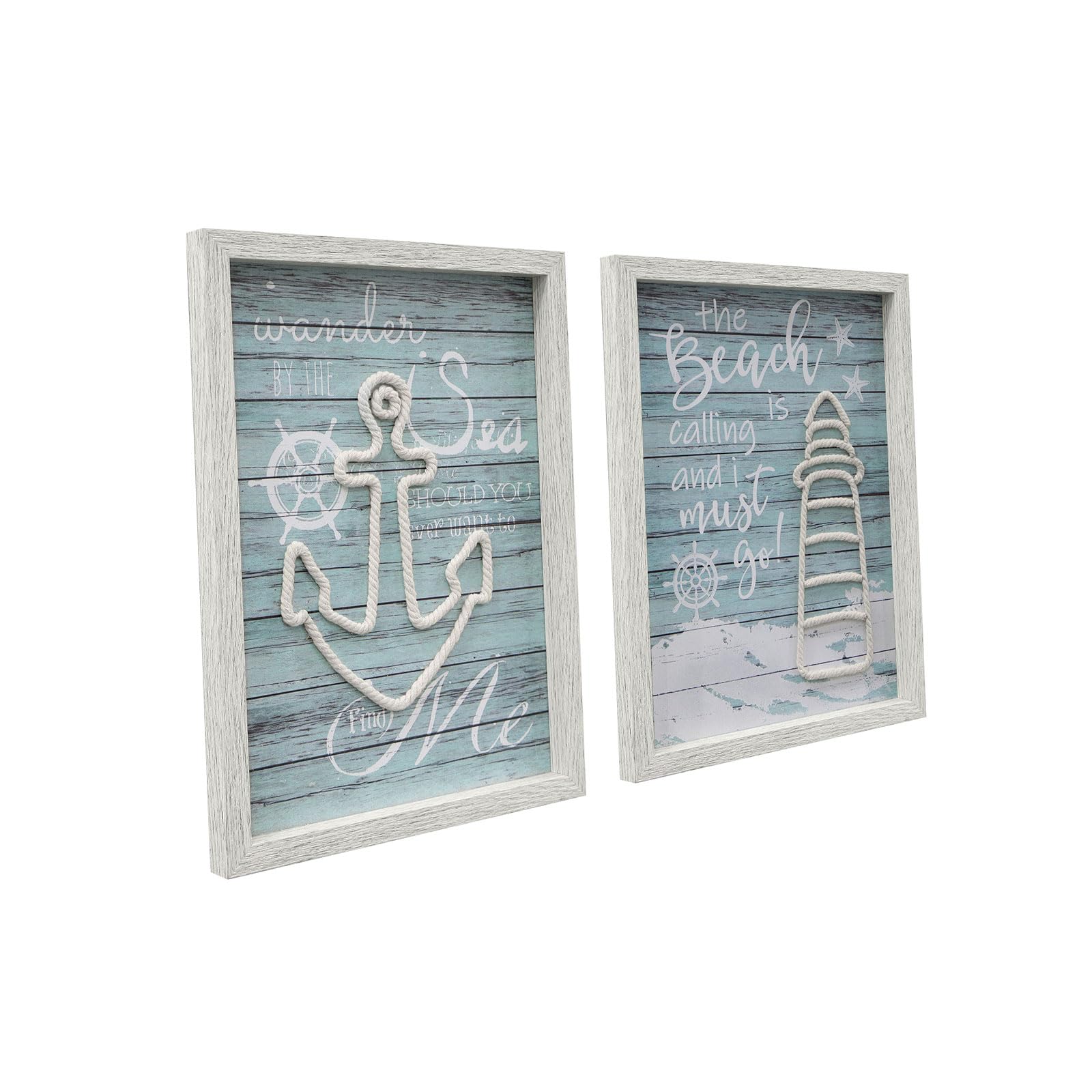 Framed Nautical Wall Art with 3D Anchor and Lighthouse - Rustical Ocean Theme Coastal Wall Decor for Bathroom, 12" x 16" x 2 Panel
