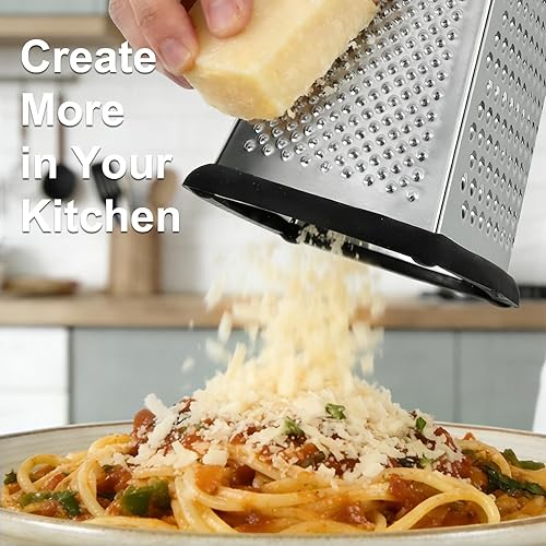 Miniatura 7 de Ourokhome Rallador de queso con asa, rallador de caja de acero inoxidable, triturador de verduras de cocina de 4 lados con recipiente para Negro