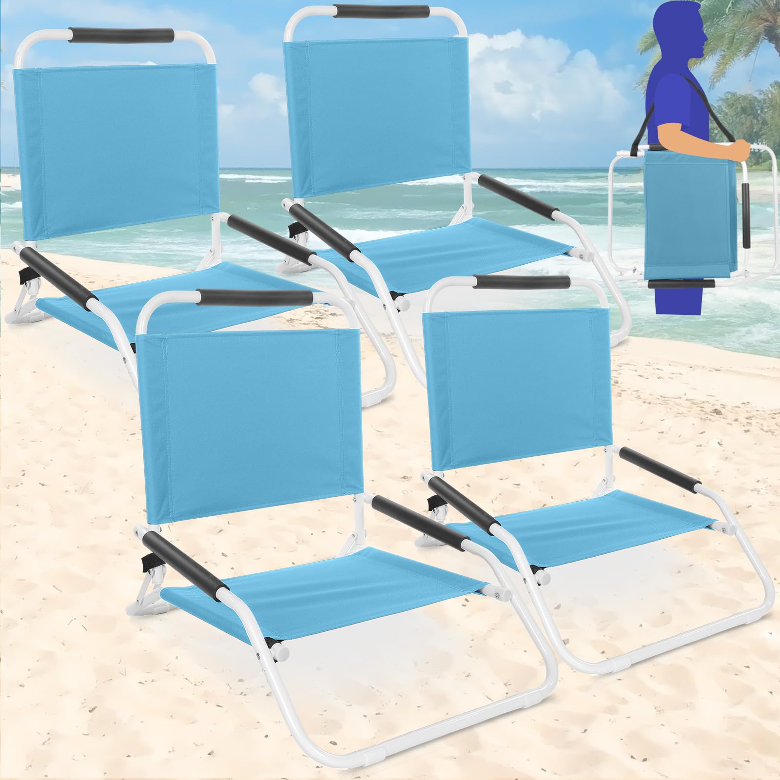 Photo 1 of 4 Pack Folding Beach Chair Portable Lightweight Camping Chair with Shoulder Strap Low Chair with Arm Cushions for Indoor Outdoor Park Lawn Patio Pool, up to 265 Lbs(Lake Blue)