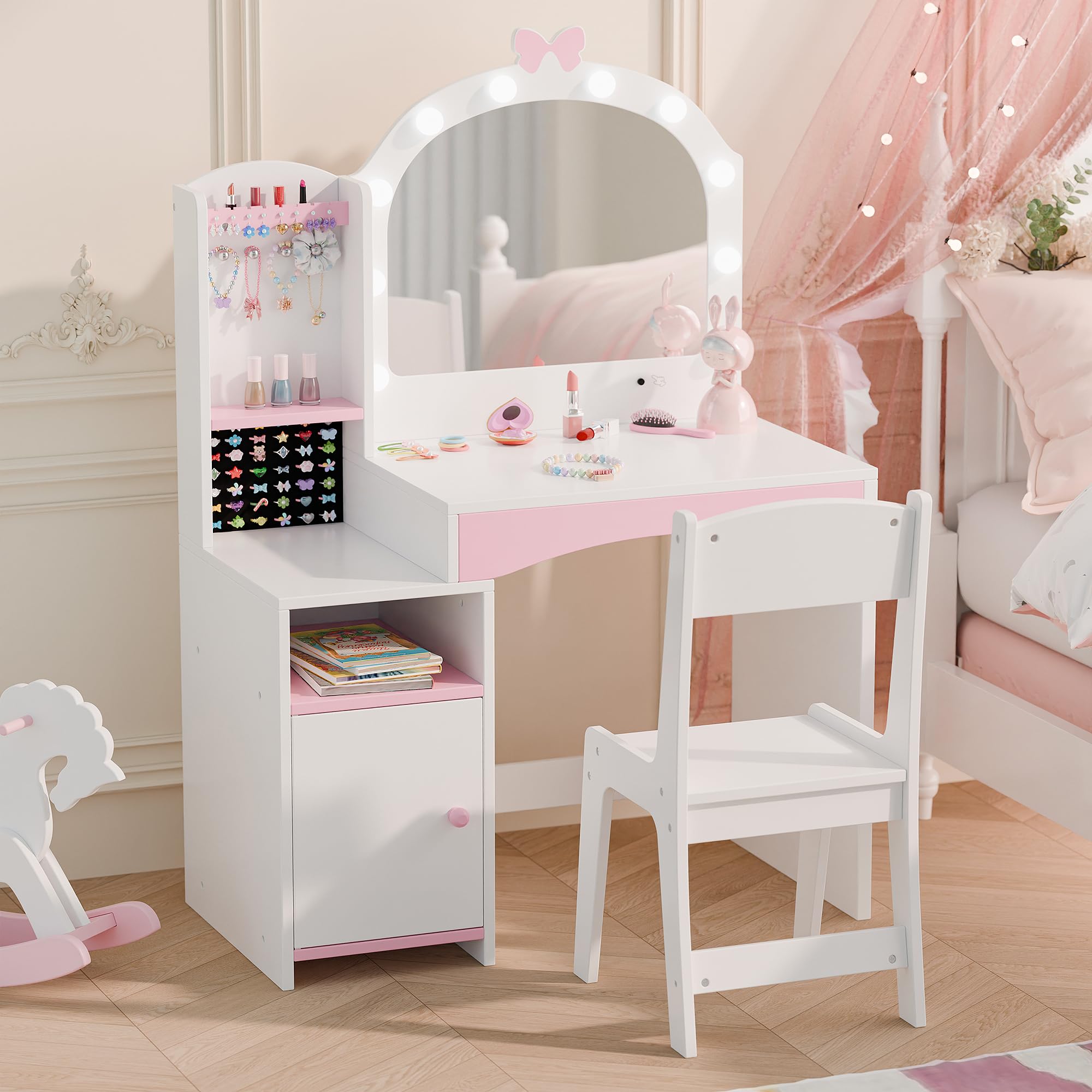 mu kids vanity girl vanity set with mirror and chair 2 in 1 toddler makeup vanity table with jewelry storage wooden princess makeup desk dressing table for little girls white