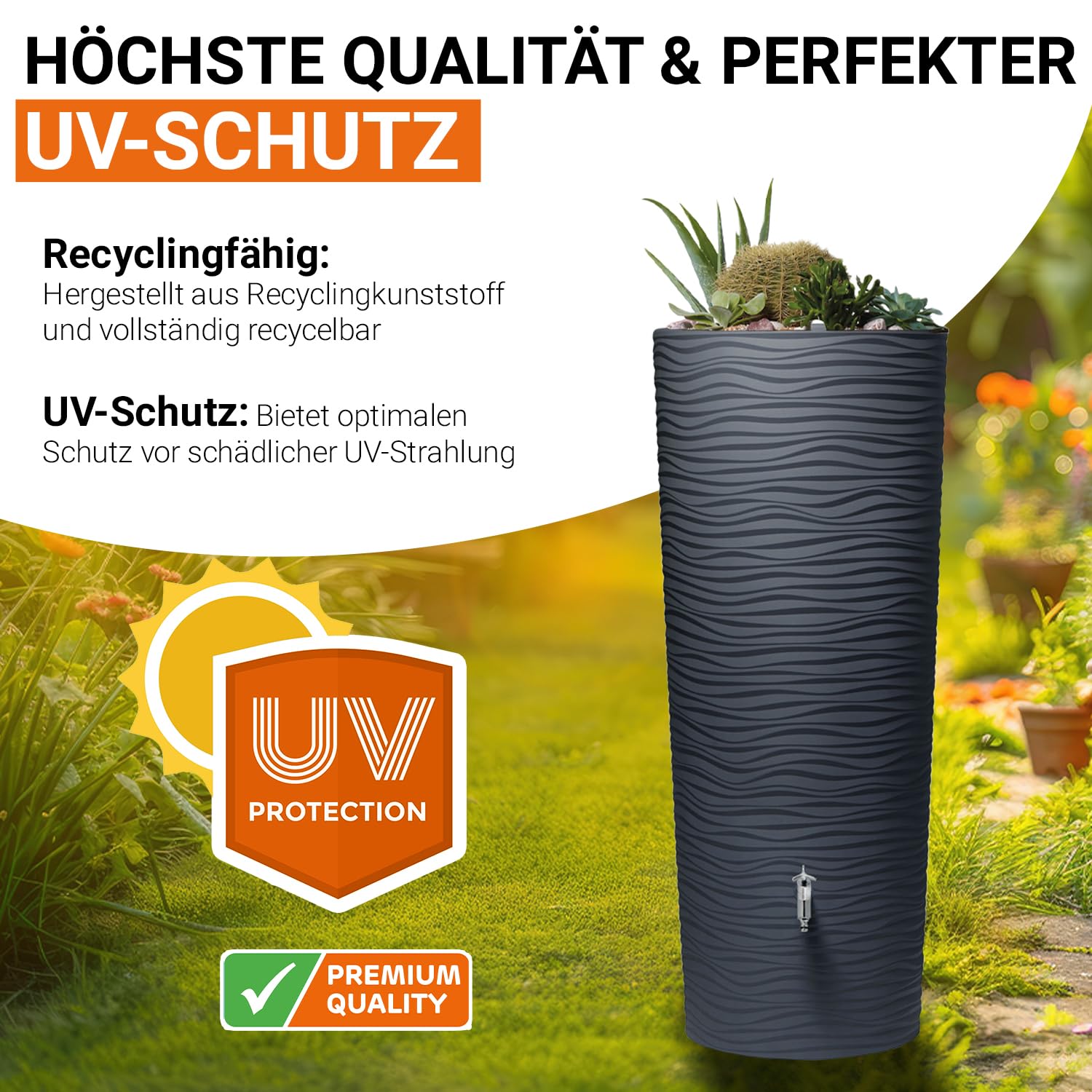 GARANTIA Natura 2in1 Regentonne 350 Liter Graphite Grey inkl. Pflanzschale | Wassertank, Regenfass, Regenwassertonne, Wasserbehälter, Regenwassertank, Wasserfass, Wassertonnen für Garten
