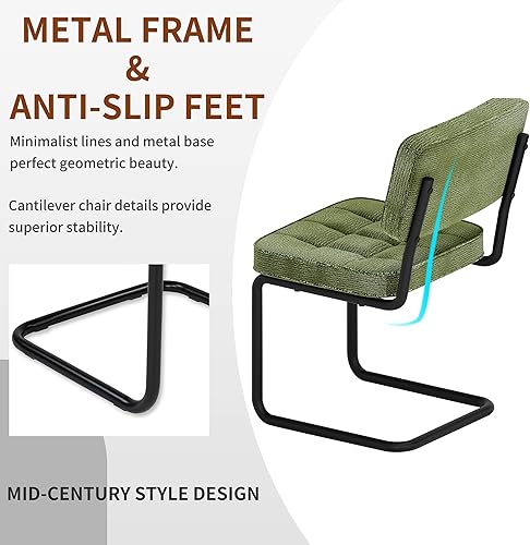 Miniatura 4 de Juego de 4 sillas de comedor modernas en voladizo de color verde, silla lateral de mediados de siglo, respaldo sin brazos, asiento tapizado, base de