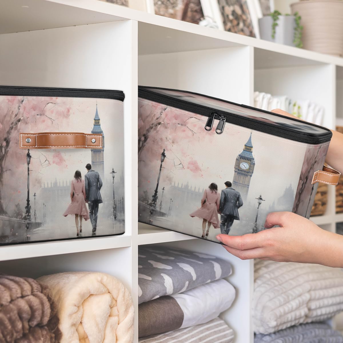 Storage Bin Set of 2 Romantic Couple Storage Basket with Zipper Lid & Handle Foldable Closet Shelf 2 Pack Cloth Organizer Basket Cube Bins Clothes Organizer for Nursery, Bedroom