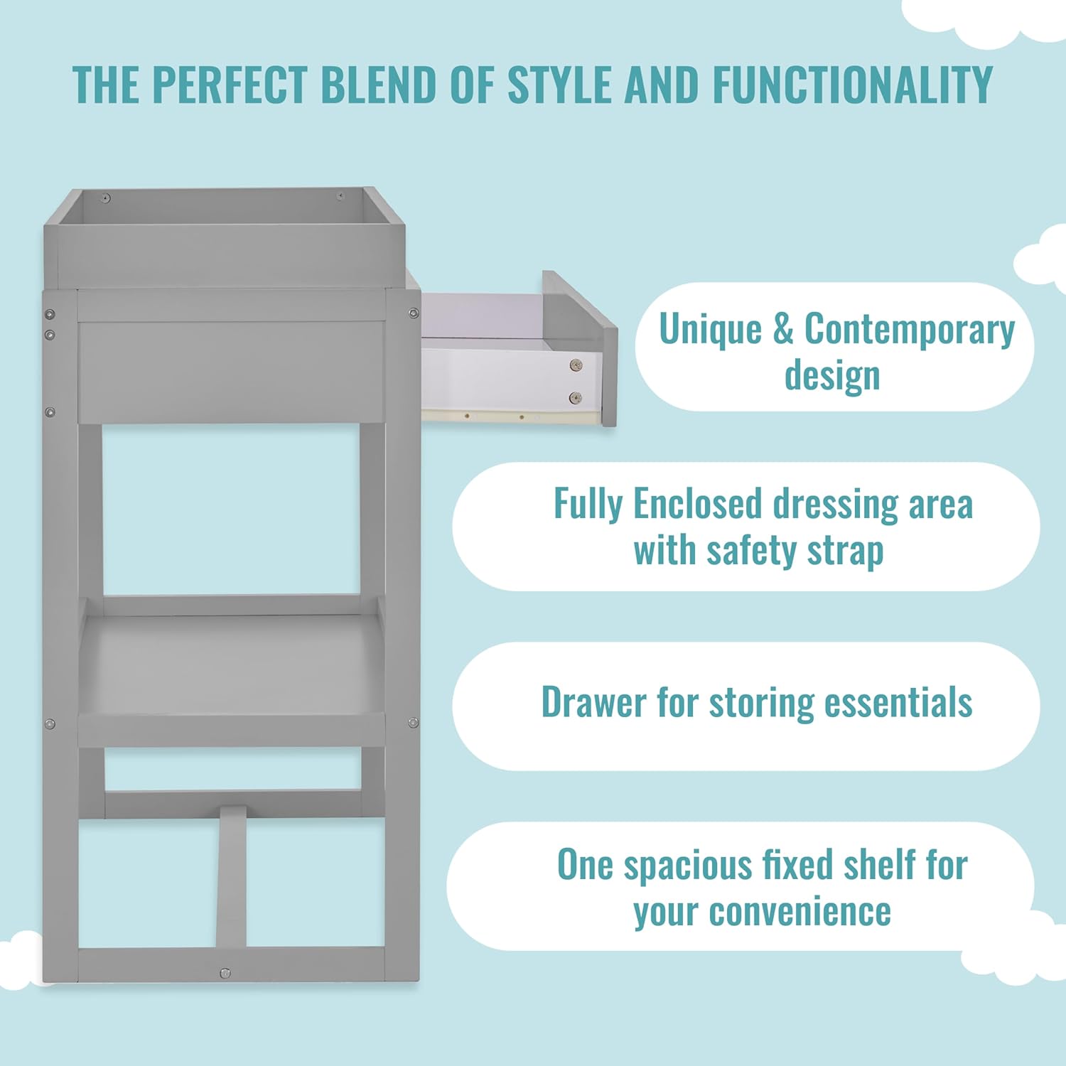 Dream On Me Arlo Changing Table in Pebble Grey – Enclosed Dressing Area with Safety Strap, Solid New Zealand Pinewood, Non-Toxic Finish, Spacious Fixed Storage Shelf, Water-Resistant 1" Changing Pad