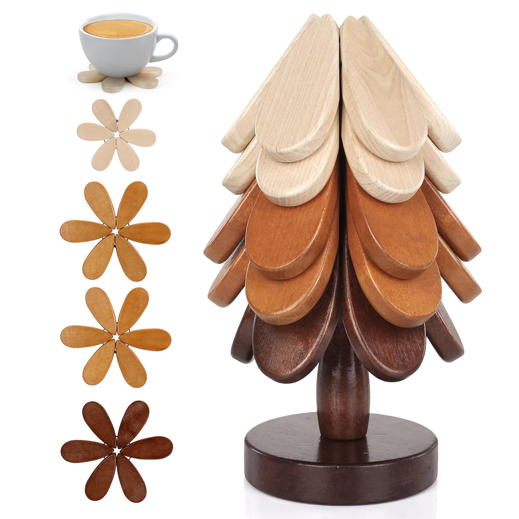 Hinpote Wooden Trivets for Hot Dishes, Tree Trivet Wooden Tree Coasters Christmas Tree Coasters Wooden Set of 5, Table Decor Coaster for Home and Restaurant