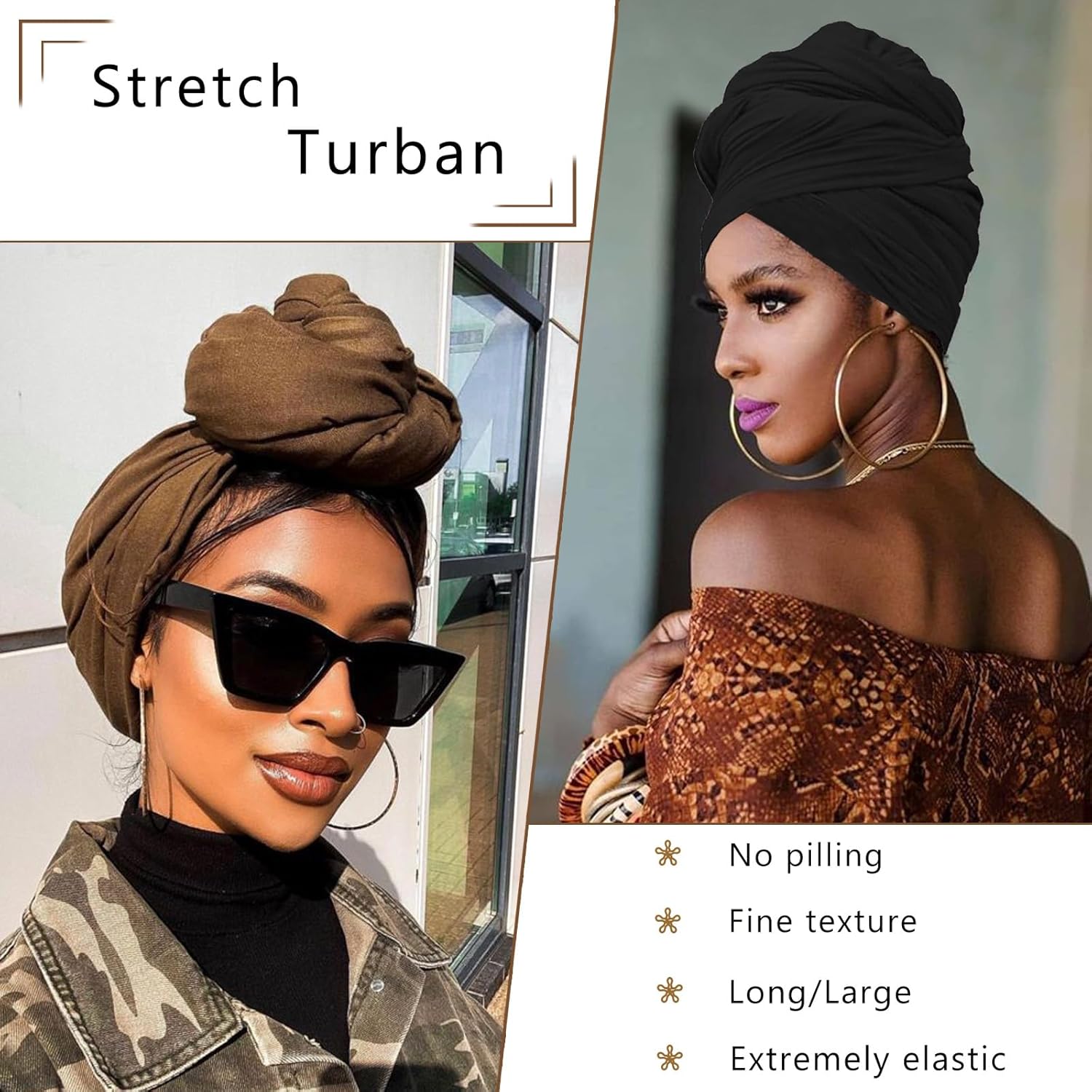 COOKOO 2 Piece Long Solid Color Stretch Head Wrap African Women's Jersey Turban Fashion Head Scarf Ultra Soft Extra Long Headwraps Lightweight Breathable Head Bands Ties for Women(Black+Army Green) - Image 5
