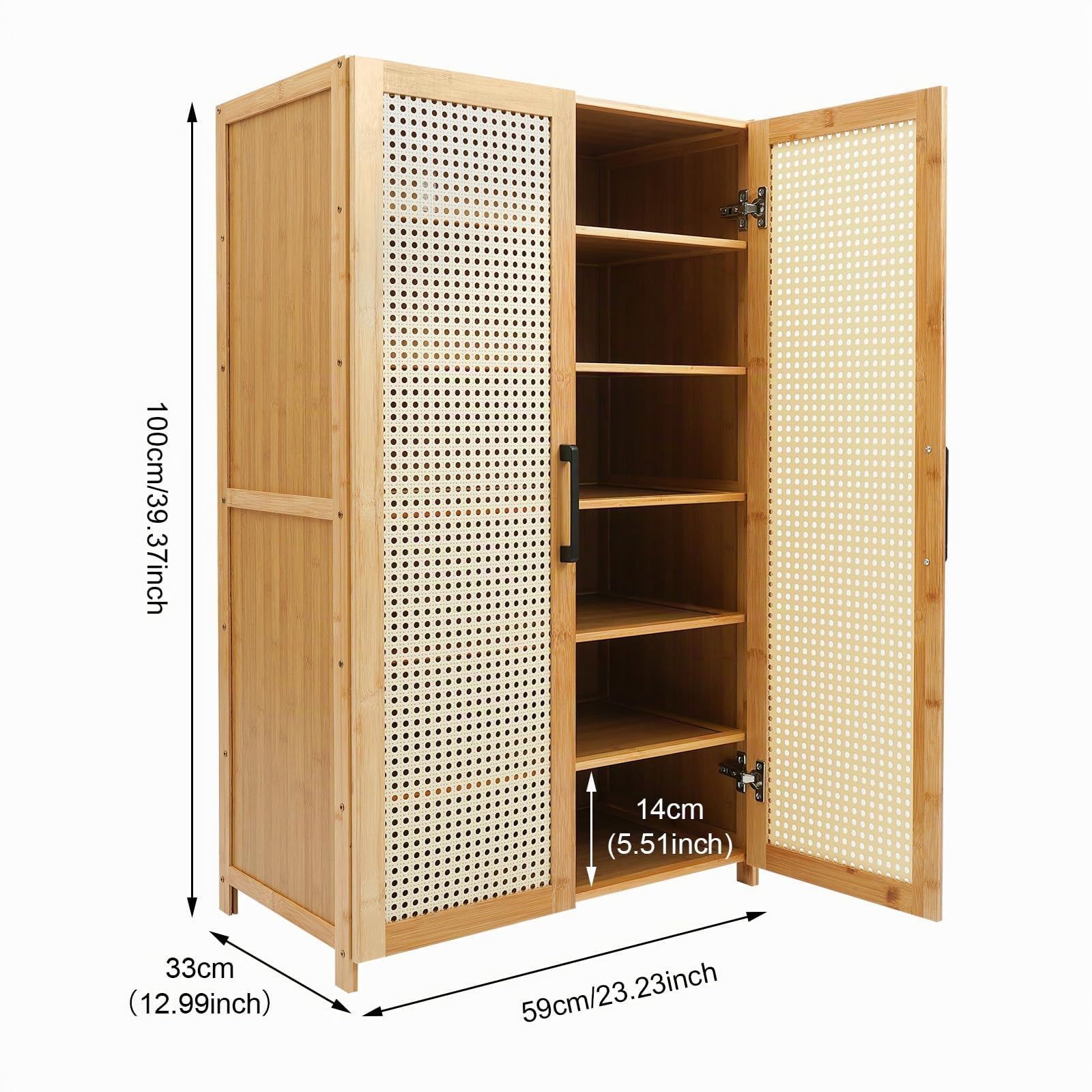 Armario para zapatos, de bambú, 6 compartimentos, muy resistente, con puertas, para pasillo, salón, dormitorio, ventilado, ajustable, 60 x 33 x 100 cm