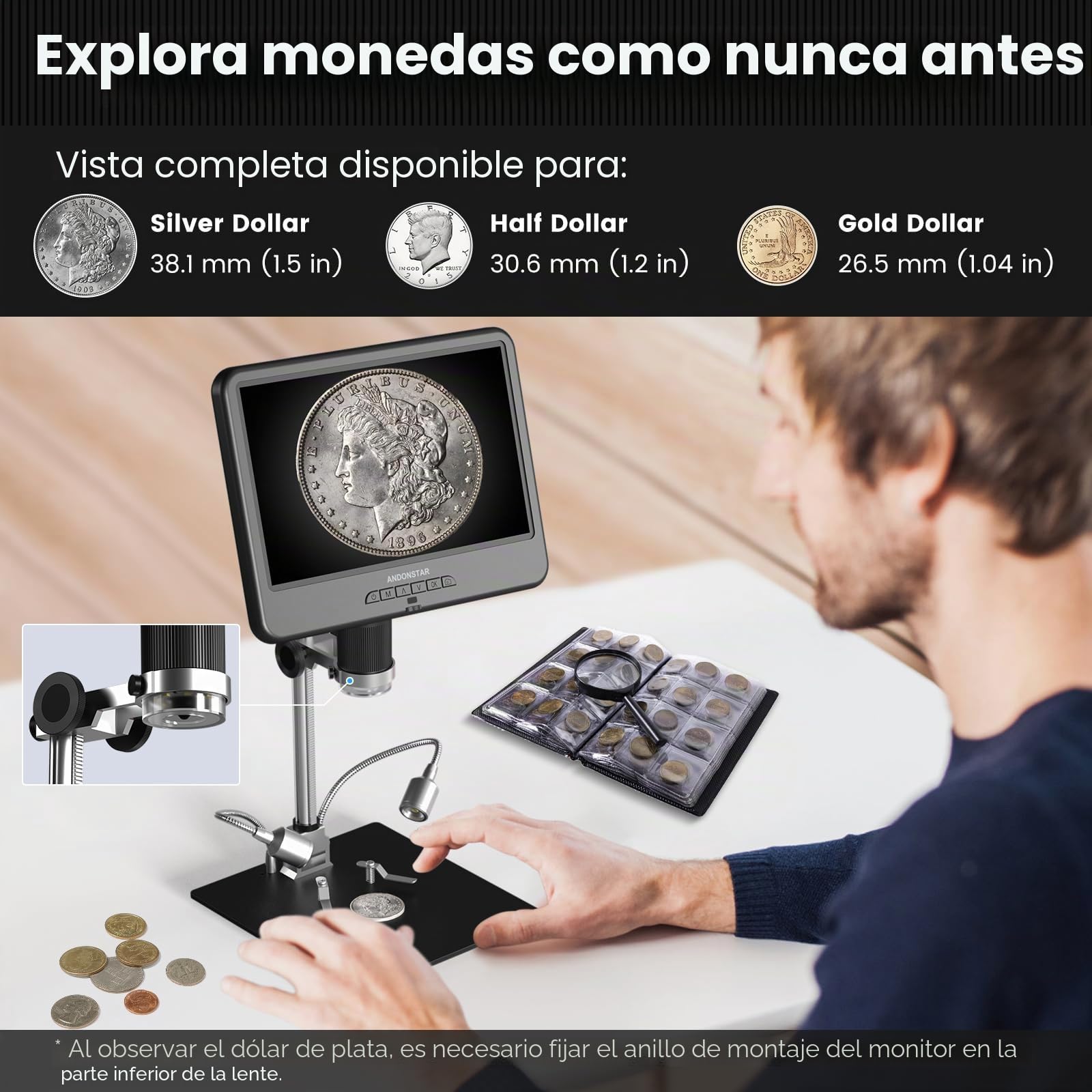 Andonstar AD210 Microscopio Digital LCD de 10.1 Pulgadas para soldar, microscopios de Monedas, Vista Completa para Monedas de Error con luz, microscopio electrónico de 10.1 Pulgadas