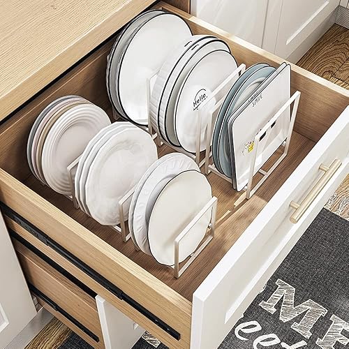 Miniatura 2 de 4 soportes organizadores de platos, estante de metal para almacenamiento de platos para gabinete, mostrador y armario, blanco, 4 pequeños