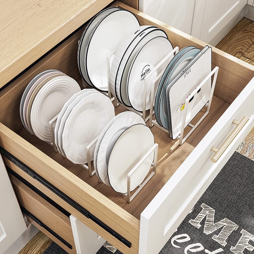 4 soportes organizadores de platos, estante de metal para almacenamiento de platos, estante de exhibición para gabinete, mostrador y armario, blanco, 4 grandes