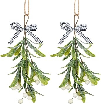Fantasyon Artificial Mistletoe Pick with Flocked Branches and White Berries - Christmas Mistletoe Hanging Ornament with Buffalo Plaid Bow for Party Decorations, 2 Pieces