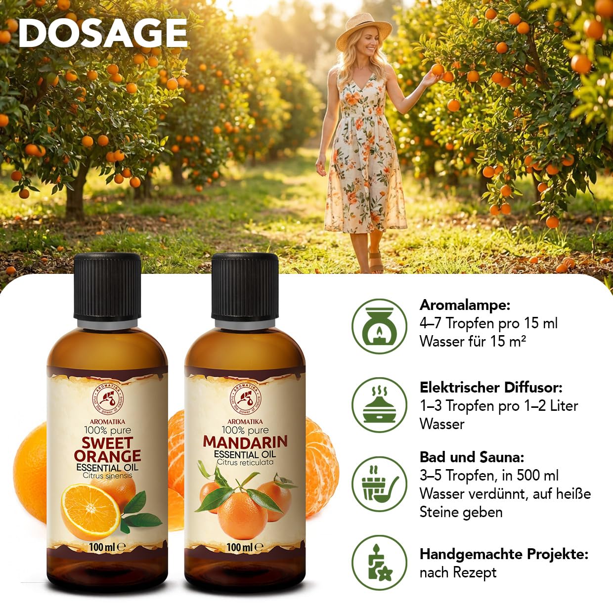 Ätherisches Süßorangenöl & Mandarinenöl 2x100 ml – für Diffusers | Für Diffusers und Duftlampen; Aromakerzen; Lufterfrischer; Seife; frischer Zitrusduft; Raumfrische; mit angenehmem Duft