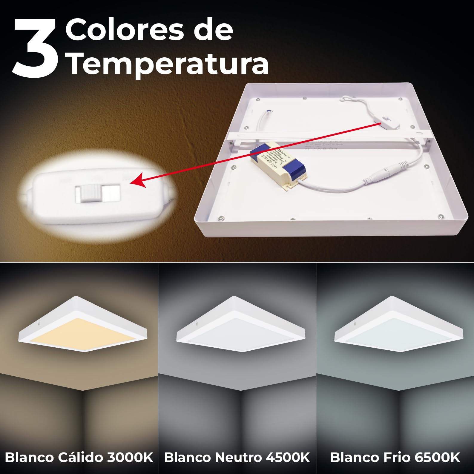 LED ATOMANT 4x Plafon LED Cuadrado Superficie 30x30cm 24W CCT 3000-6500K | Con Selector de color CCT, 2200 Lumenes, Driver incluido