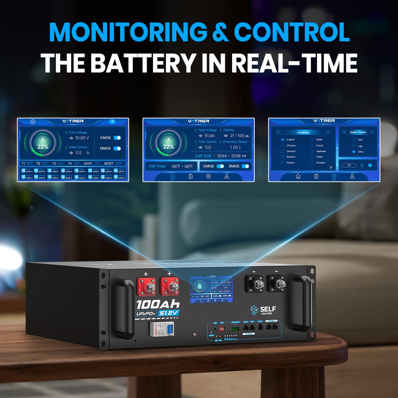 VATRER POWER Batteria LiFePO4 51,2V 100Ah CAN/RS485 Display Touch | BMS Smart 100A·5120Wh Energia Utilizzabile·5000+ Cicli·Accumulo Domestico,Fotovoltaico & Backup