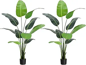 Plastic Artificial Bird of Paradise Plant 5FT (60 in) Fake Palm Tree for Indoor Outdoor Modern Decor Faux Plants for Home Office Perfect Housewarming Gift with 10 Trunks Faux Leaves 2 Pack