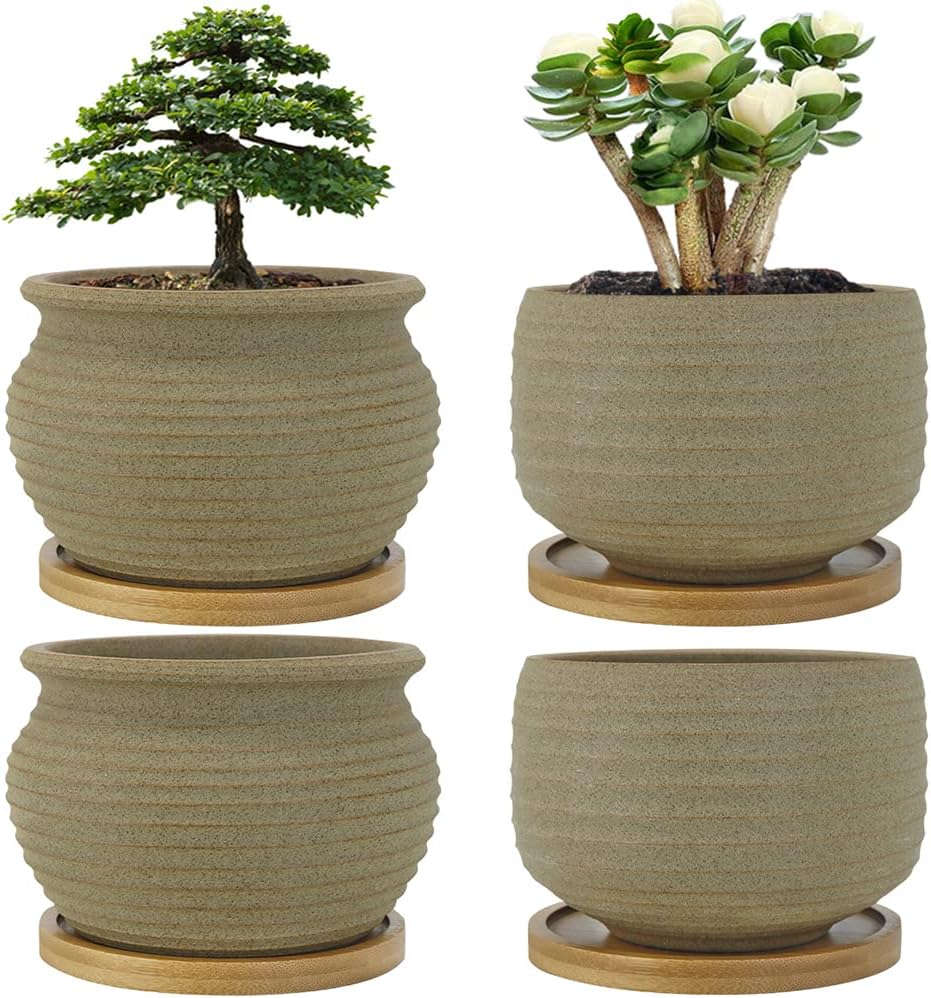 MUZHI Juego de 4 macetas rústicas para bonsái con bandeja de bambú, maceta de cactus de cerámica sin esmaltar para interiores con orificio de drenaje de 4 pulgadas, 5 pulgadas