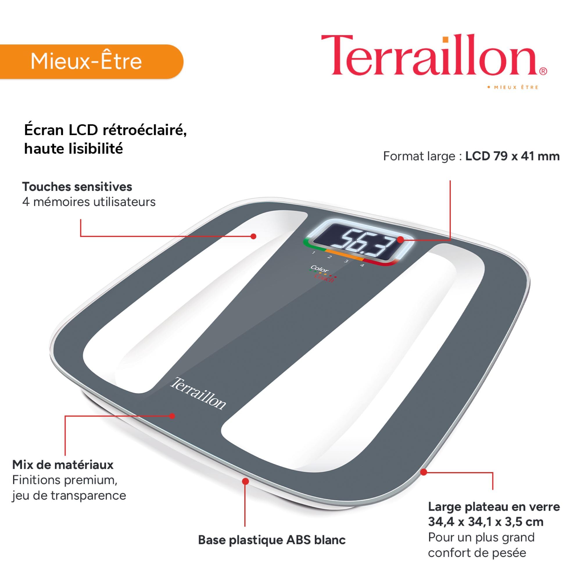 TERRAILLON - COLOR COACH QUATTRO - Pèse personne électronique, Affichage couleur variation de poids, 4 Mémoires utilisateurs, Ecran LCD rétro-éclairé, Capacité 160 kg, Graduation 100g, Gris/Blanc