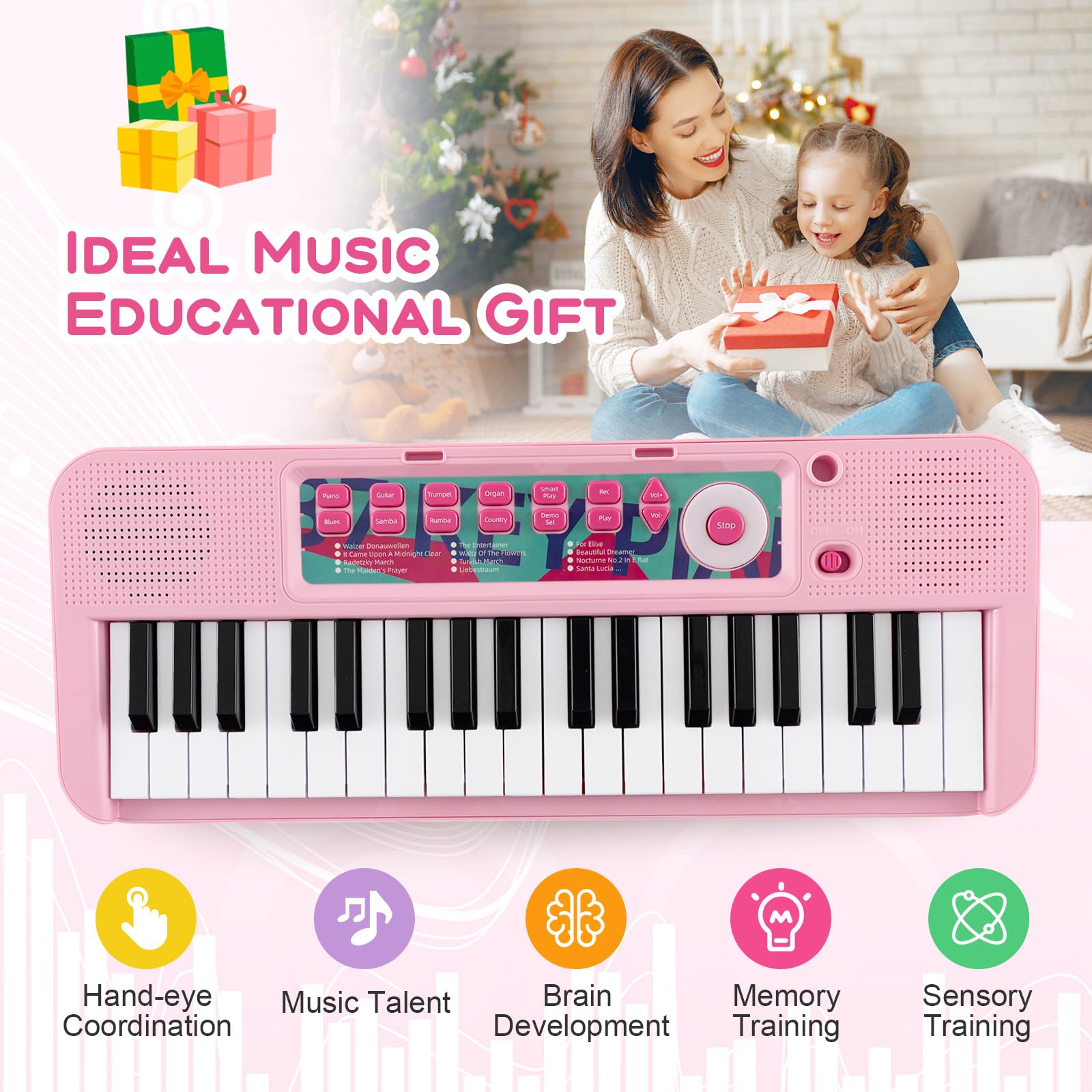 FANTASK Tastiera per bambini a 37 tasti, con sgabello e microfono (rosa)