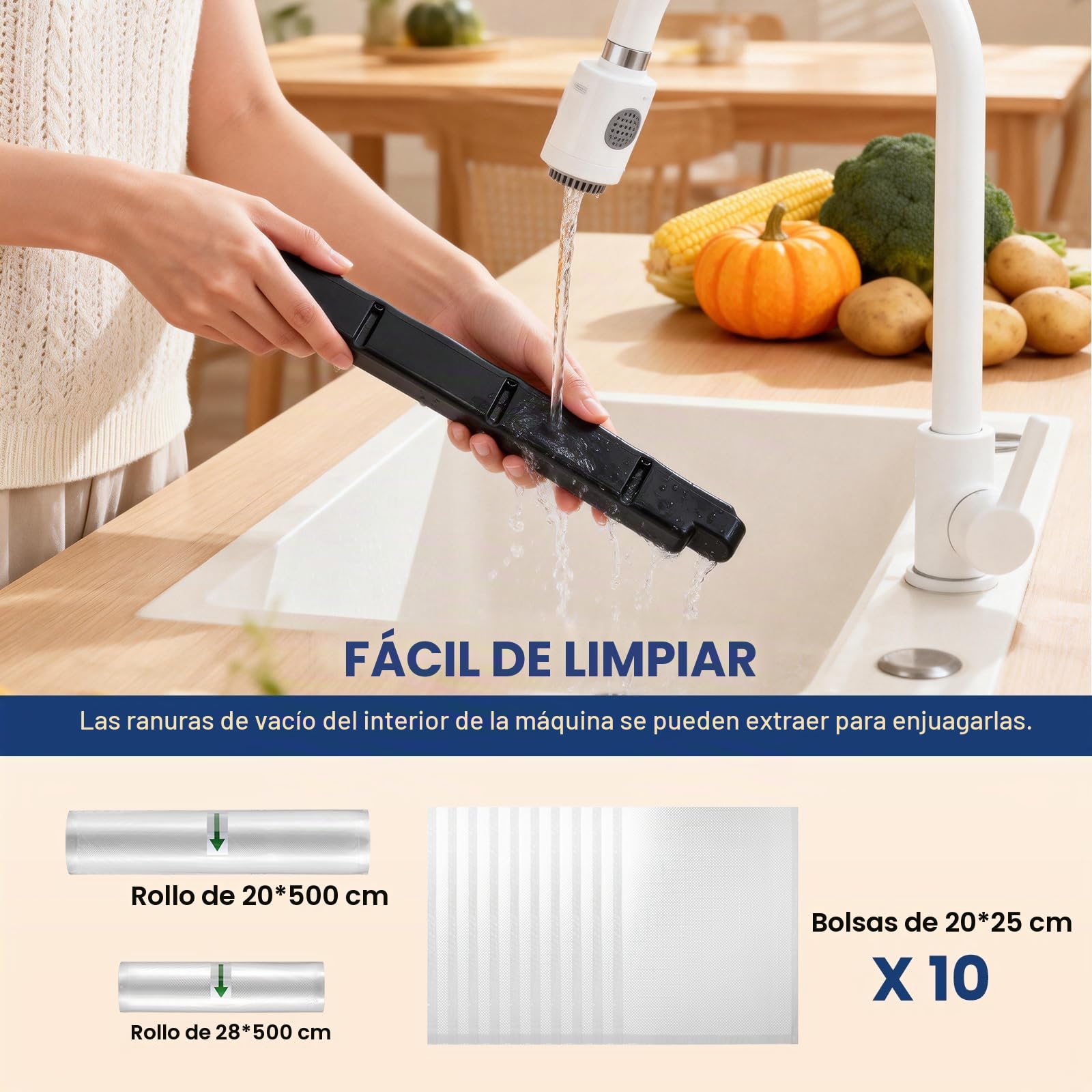 Hanchen envasadora al vacio domestica 90Kpa embasadoras vacio alimentos 30cm Doble soldadura maquina envasar al vacio selladora al vacío Incluye 2 rollos de bolsas y 10 bolsas