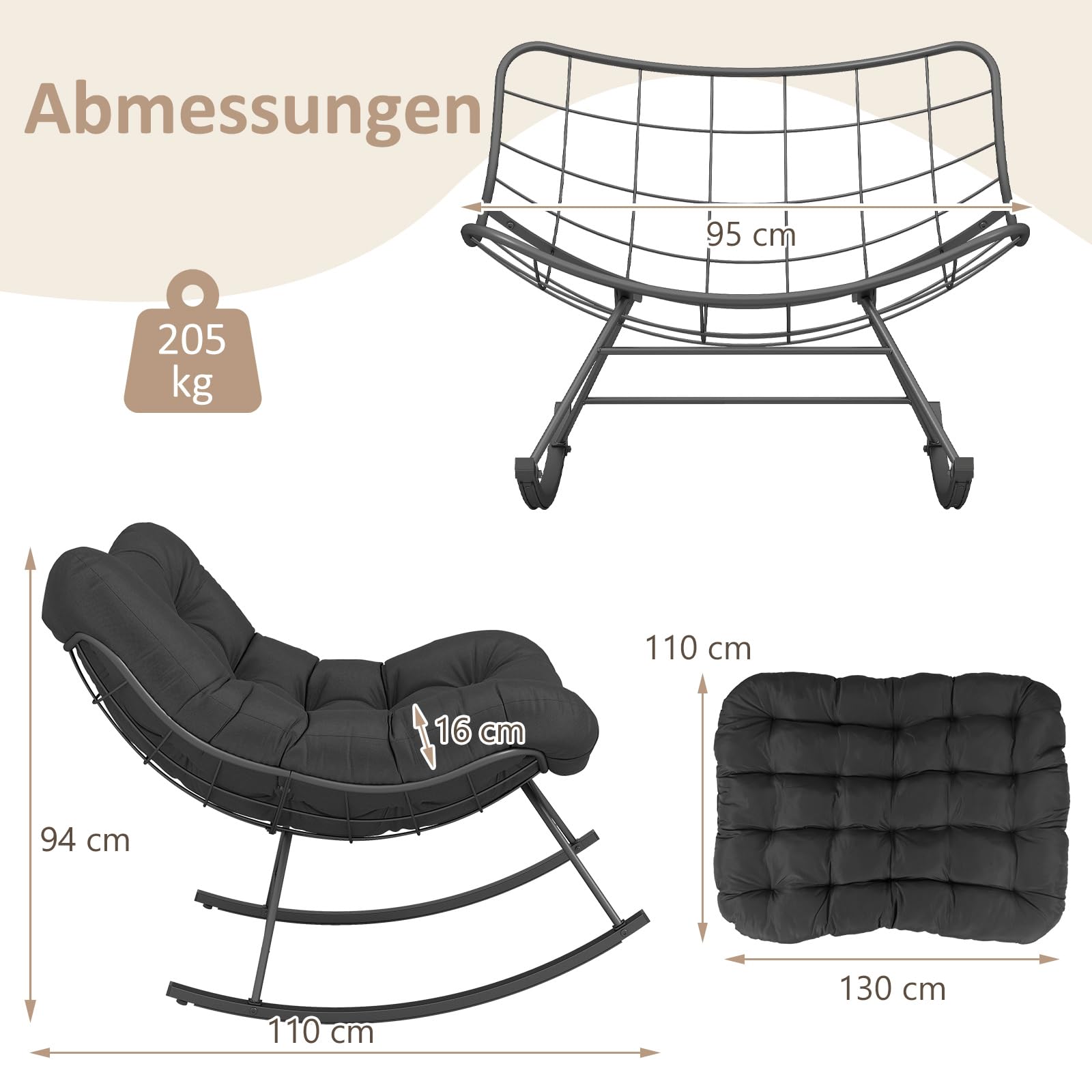 RELAX4LIFE Schaukelstuhl, Schwingsessel mit gepolstertem Kissen & Metallrahmen, Relaxstuhl bis 205 kg belastbar, Schaukelsessel Extra Groß für Garten, Schlafzimmer, Wohnzimmer, 110x95x94 cm (Grau)