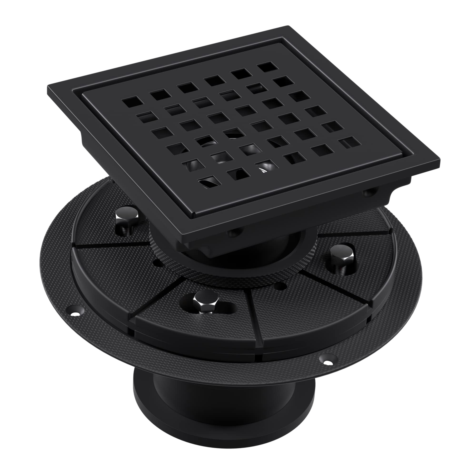 goldenwarm 4 Inch Black Shower Drain Square Shower Floor Drain with Flange SUS 304 Stainless Steel Drain Black Shower Drain Cover Drain Hair Catcher, Removable Grid Cover