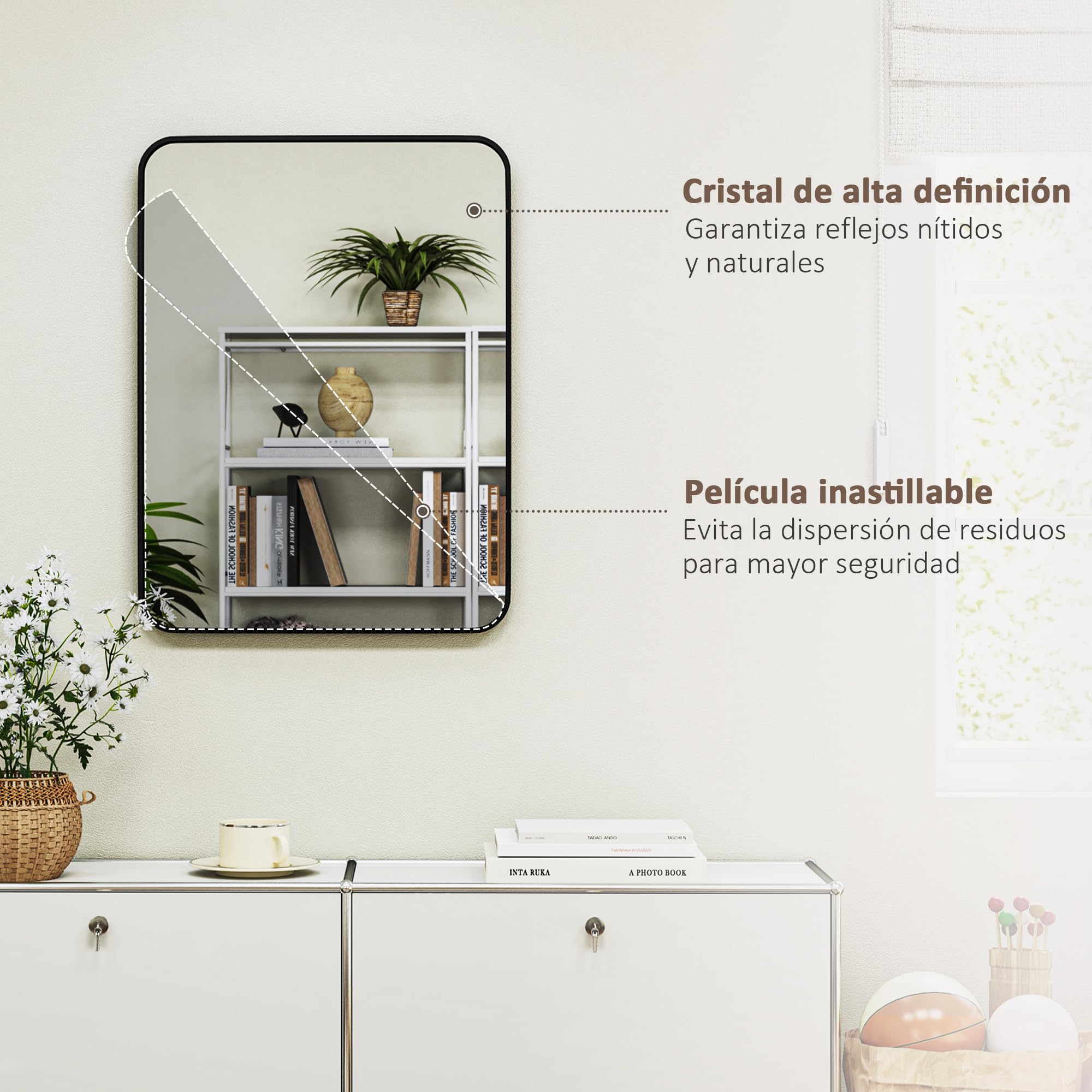 HOMCOM Espejo de Baño 60x90 cm Decorativo con Marco de Metal Negro | Espejo de Pared, con Gancho, Fácil Instalación, para Salón Entrada Pasillo