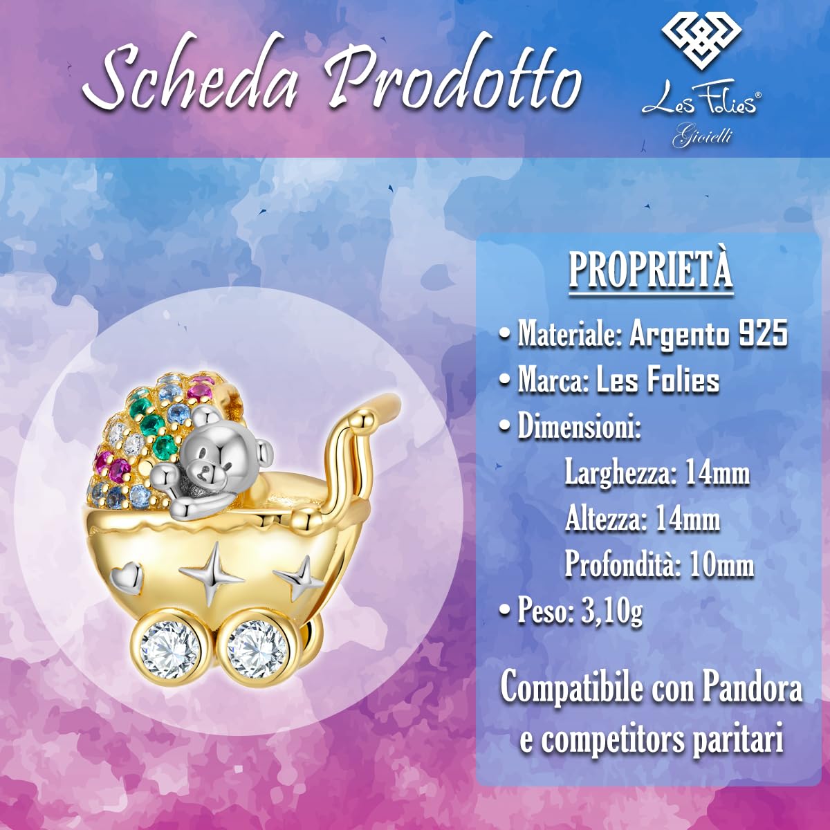 Charm Nascita Gravidanza Carrozzina dorata Mamma Passeggino Orsetto Bambino in argento 925 - Les Folies per Pandora