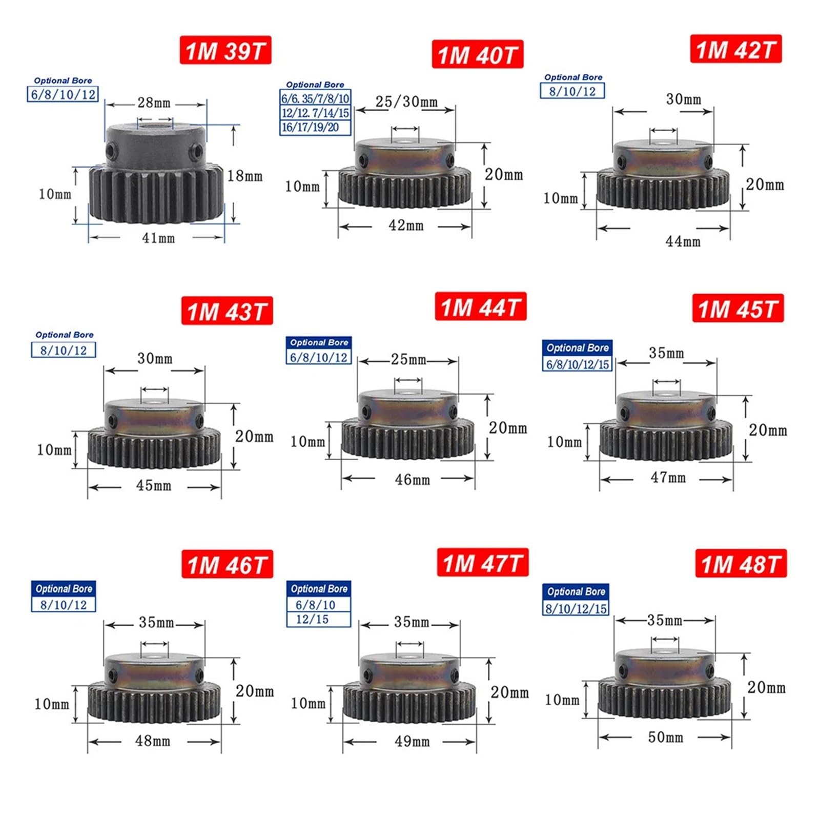 Bevel Gear Pinion Hardware Mechanical 39Teeth-48Teeth1M Small Gear 1 Mod Spur Gear 1 Motor Mini Gear Pinion 45# Steel Transmission Accessories Part Inner Hole 8mm(45 Teeth)