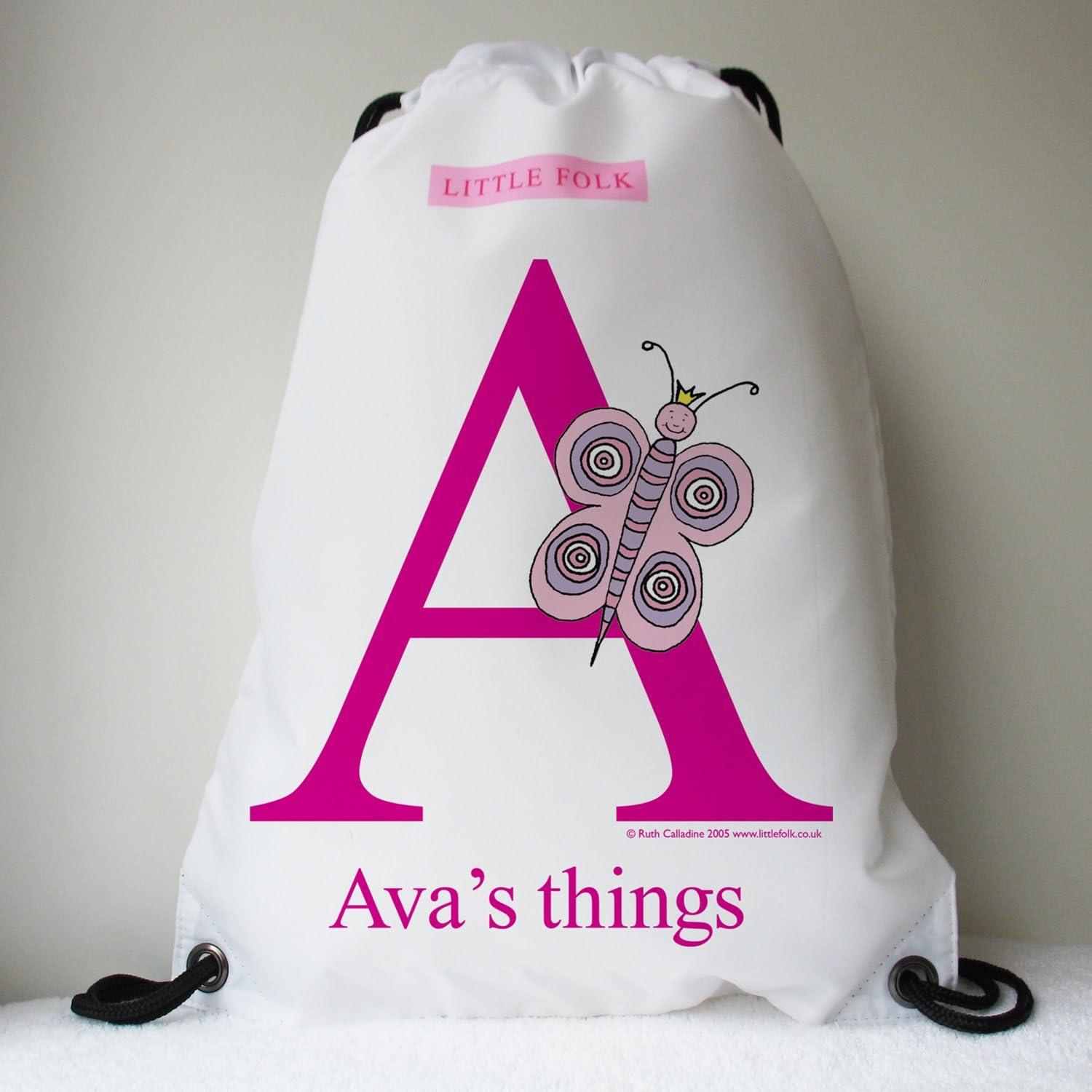 Little Folk Personalised Drawstring Swimming Bags for Girls & Boys - Flutter the Little Butterfly from the Alphabet Range