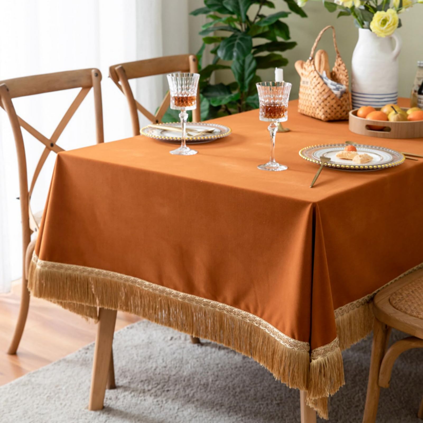 Lifup Manteles Mesa Antimanchas Rectangular Tassel Tablecloth La Decoración para Sala de Estar, Comedor, Cocina Naranja 85 x 85 cm